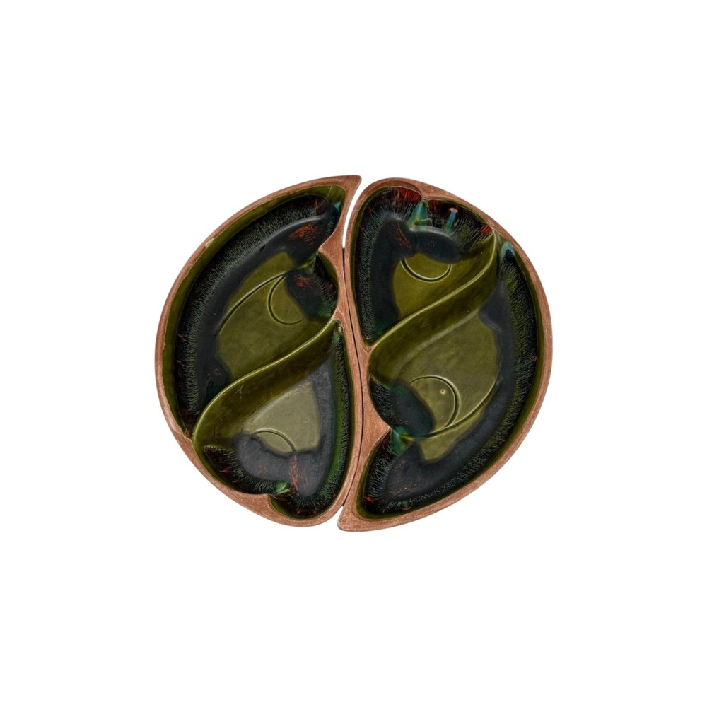 Santa Anita Ware‎ Divided Serving Dish Set Green Brown Drip Glaze P-149 MCM USA